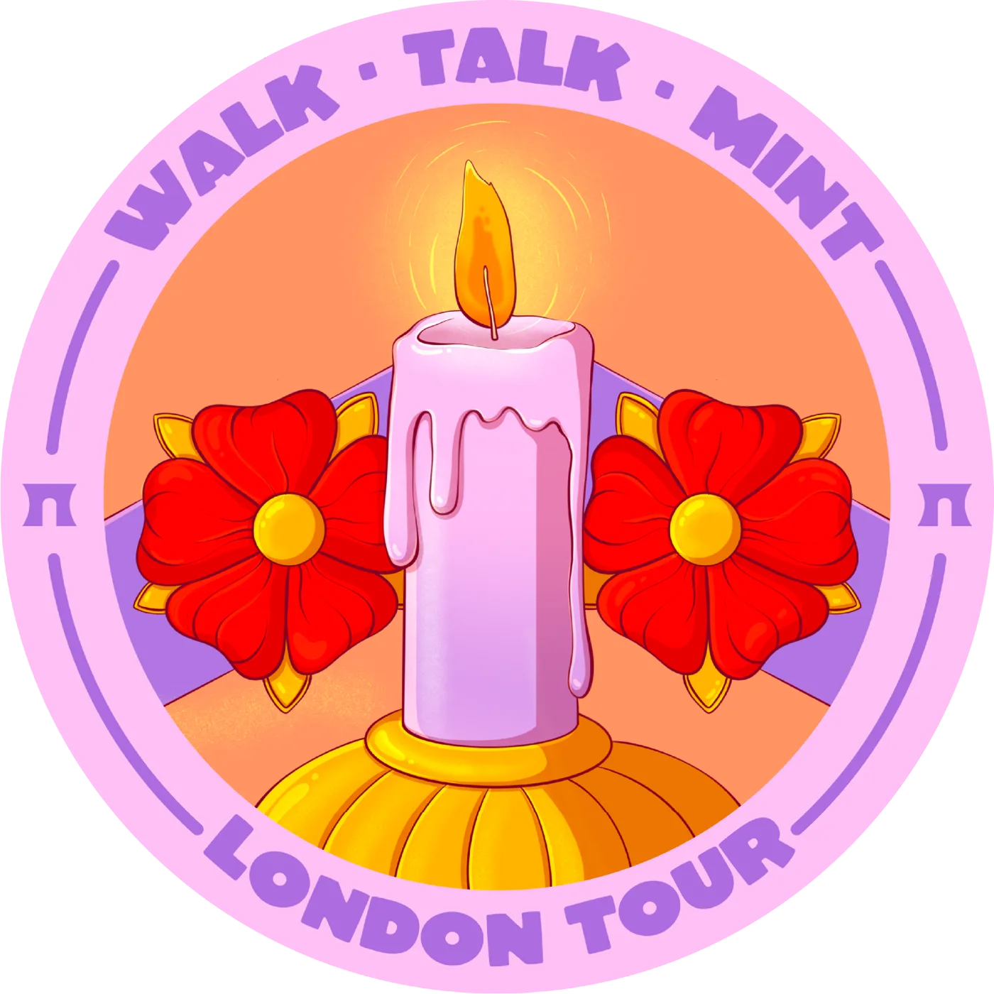 Walk Talk Mint London Tour badge, candle and flowers — illustration by Lizy Del Busto
